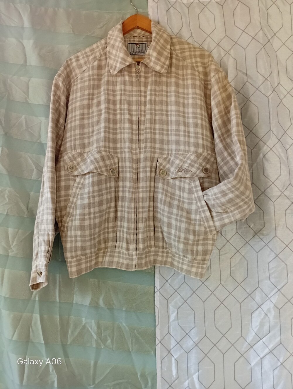 Oversized Boxy Plaid Linen Bomber Jacket Beige Collared, Zip,Pocket,Lined FALL